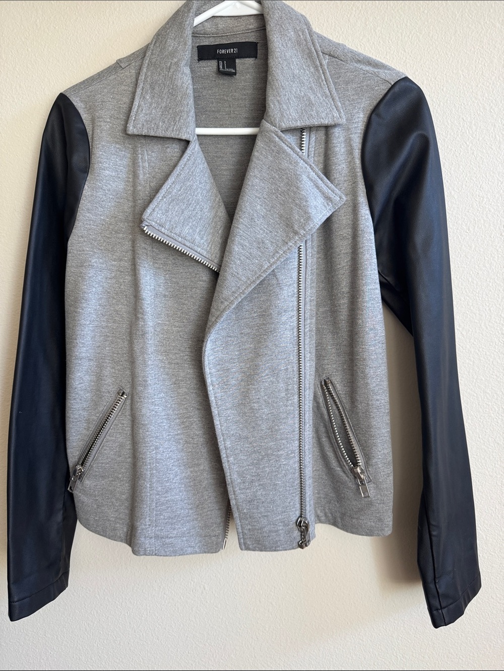 Forever 21 Gray Knit Moto Jacket with Black Faux Leather Sleeves